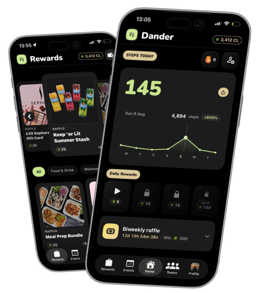 Dander app screens — home steps and Rewards store